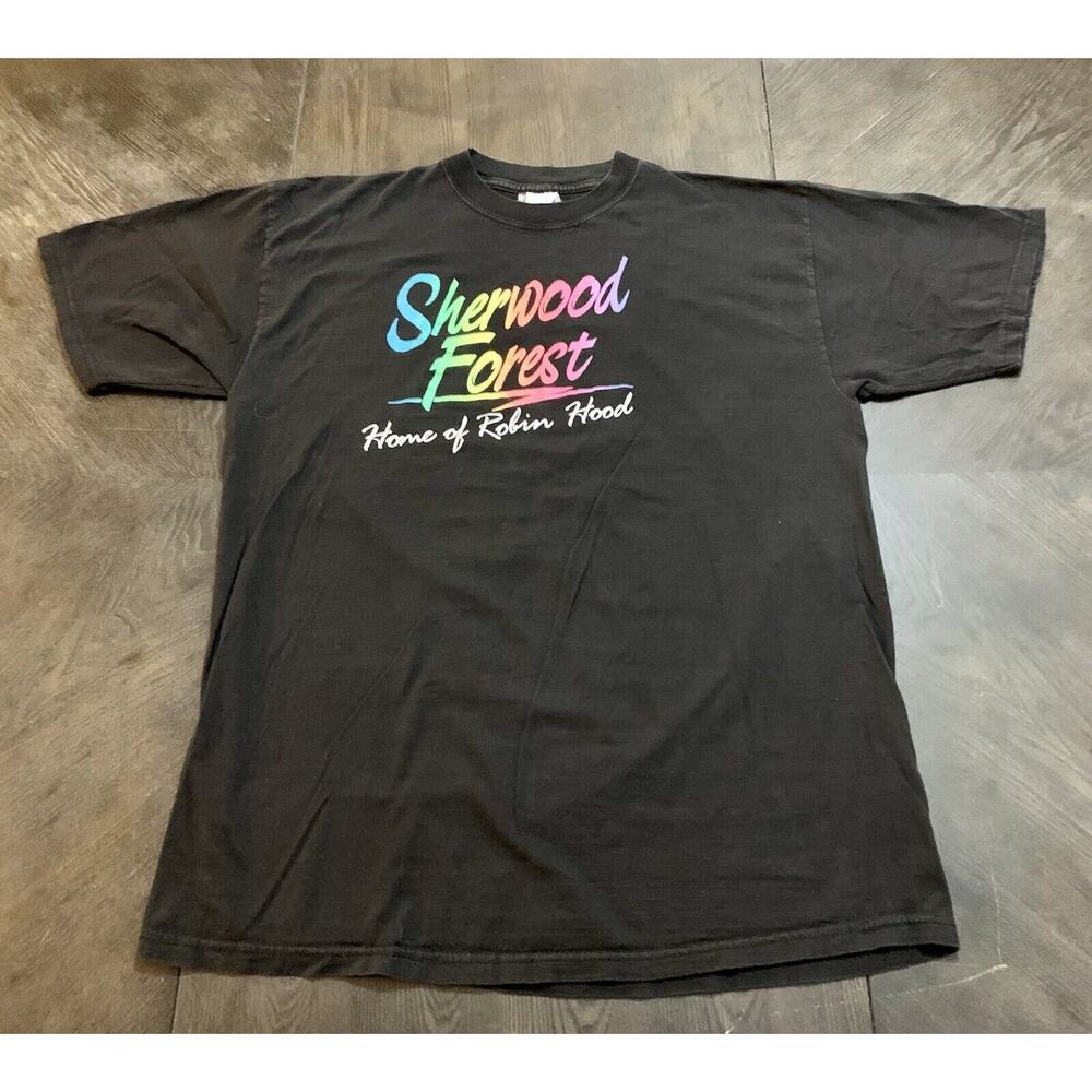 Vintage Jt’s Sherwood Forest Home Of Robin Hood T Shirt Neon Writing Men's Large - Picture 1 of 6